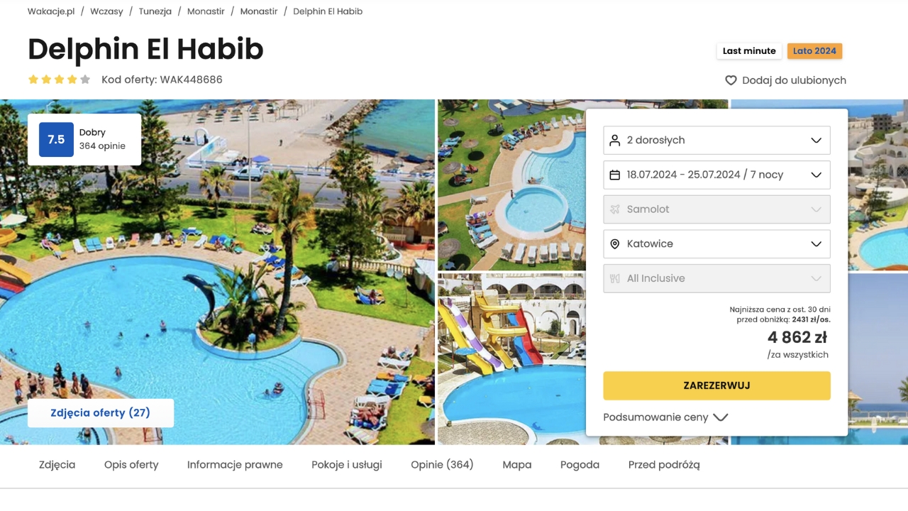 Szybki laścik do Tunezji, Hotel Delphin El Habib przy plaży wyżywienie All Inclusive