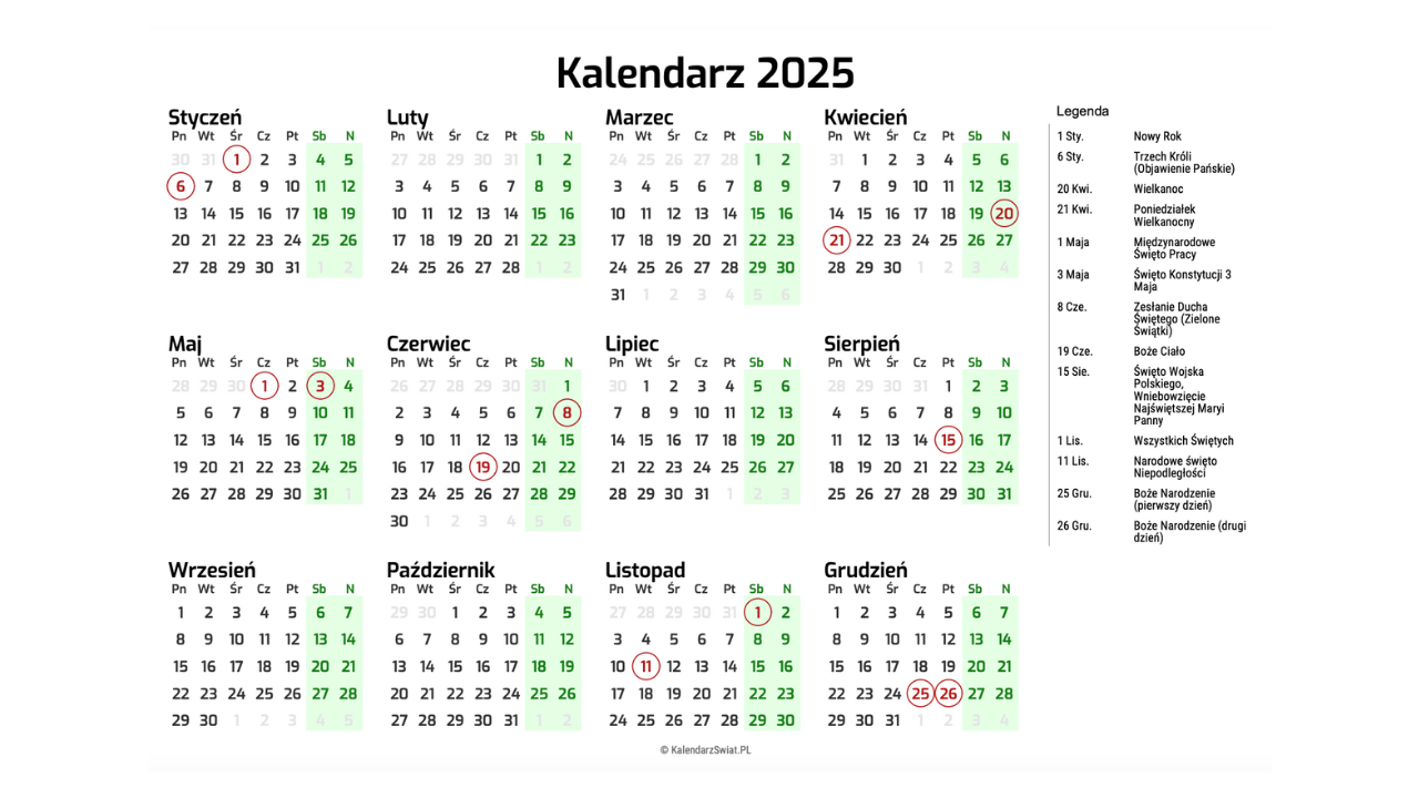 Kalendarz 2025 - Kiedy wziąć urlop w 2025