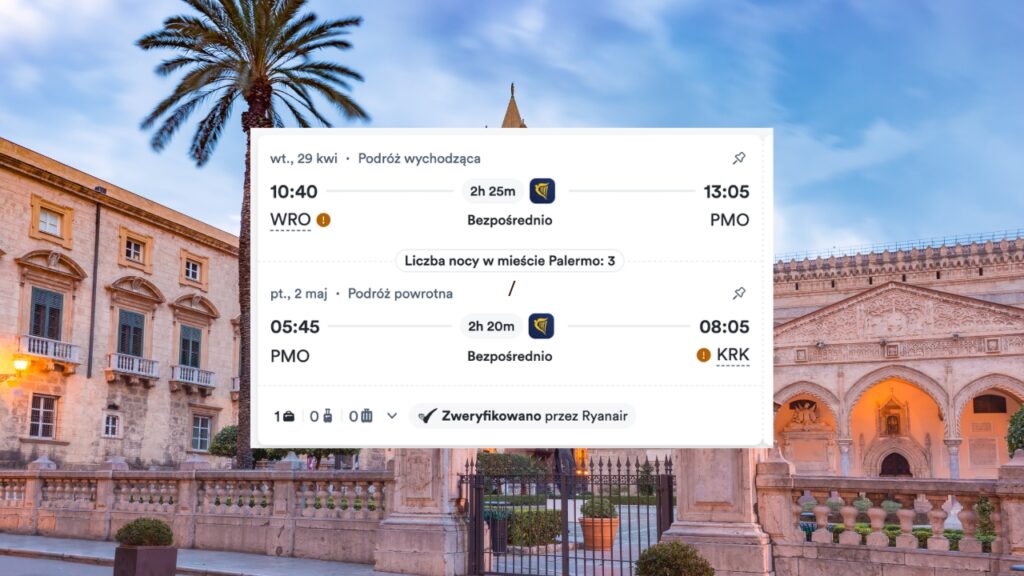 Bilet lotniczy na majówkę 2025 z Wrocławia do Palermo za 398 zł – tanie loty na Sycylię Ryanair