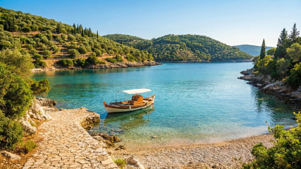 Kefalonia z turkusowym morzem i spokojnym wybrzeżem