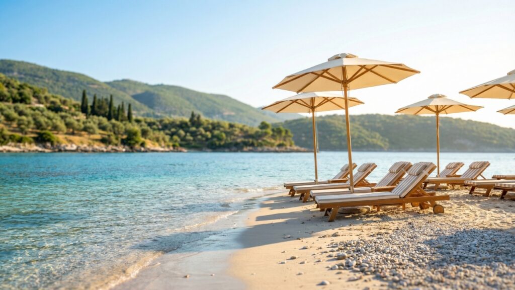 Plaża na Riwierze Albańskiej w słoneczny dzień