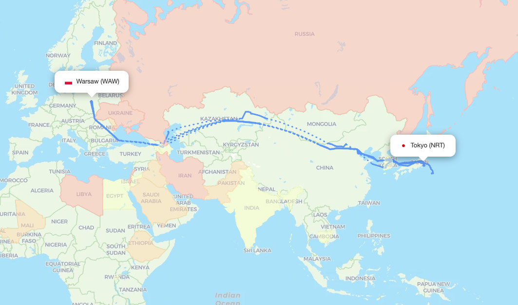 Trasa lotu Warszawa - Tokio