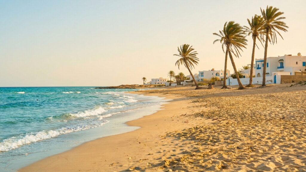 Djerba z plażą, słońcem i spokojnym morzem