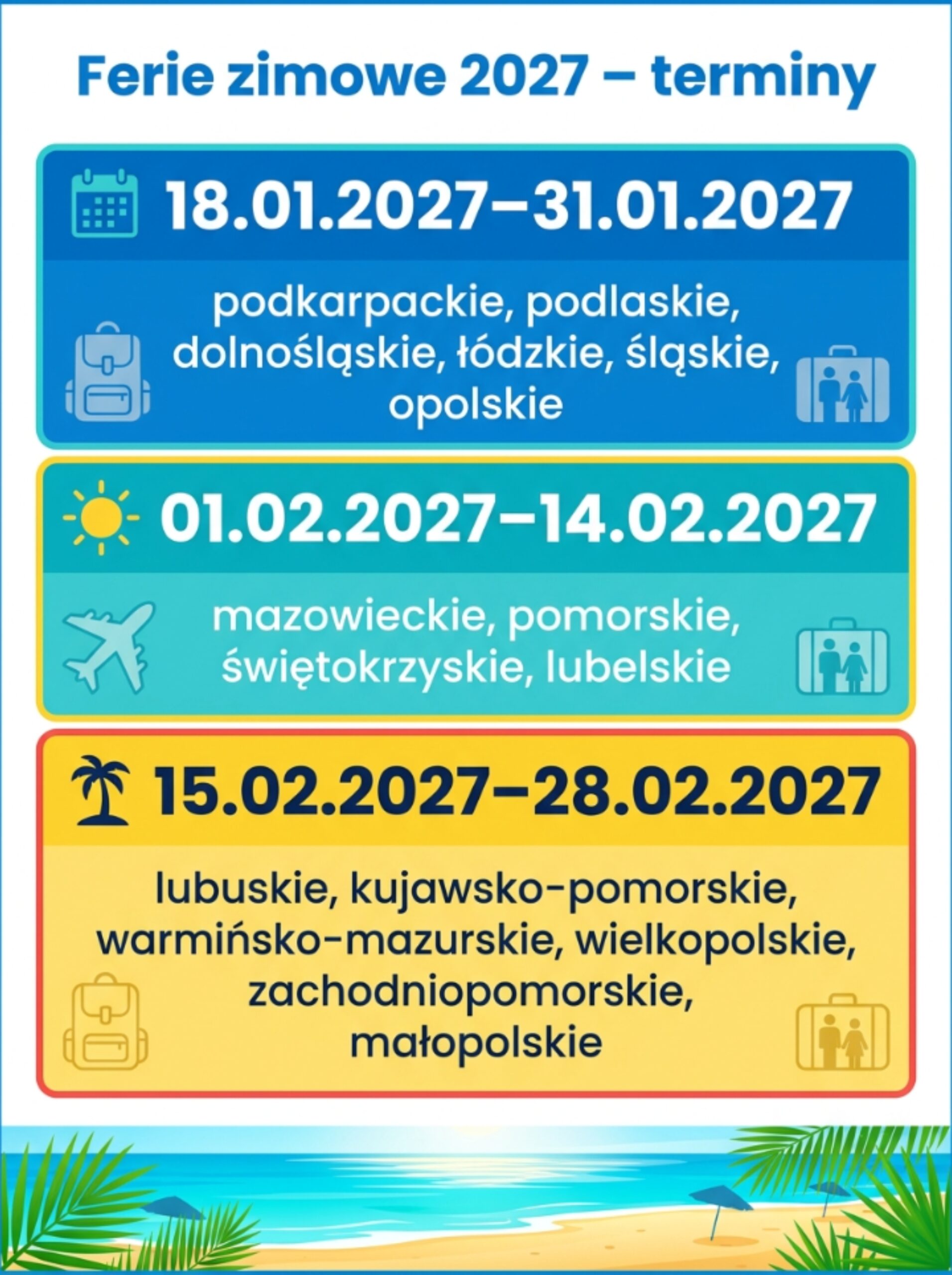 Ferie zimowe 2027 terminy ferii zimowych w Polsce w roku szkolnym 2026/2027