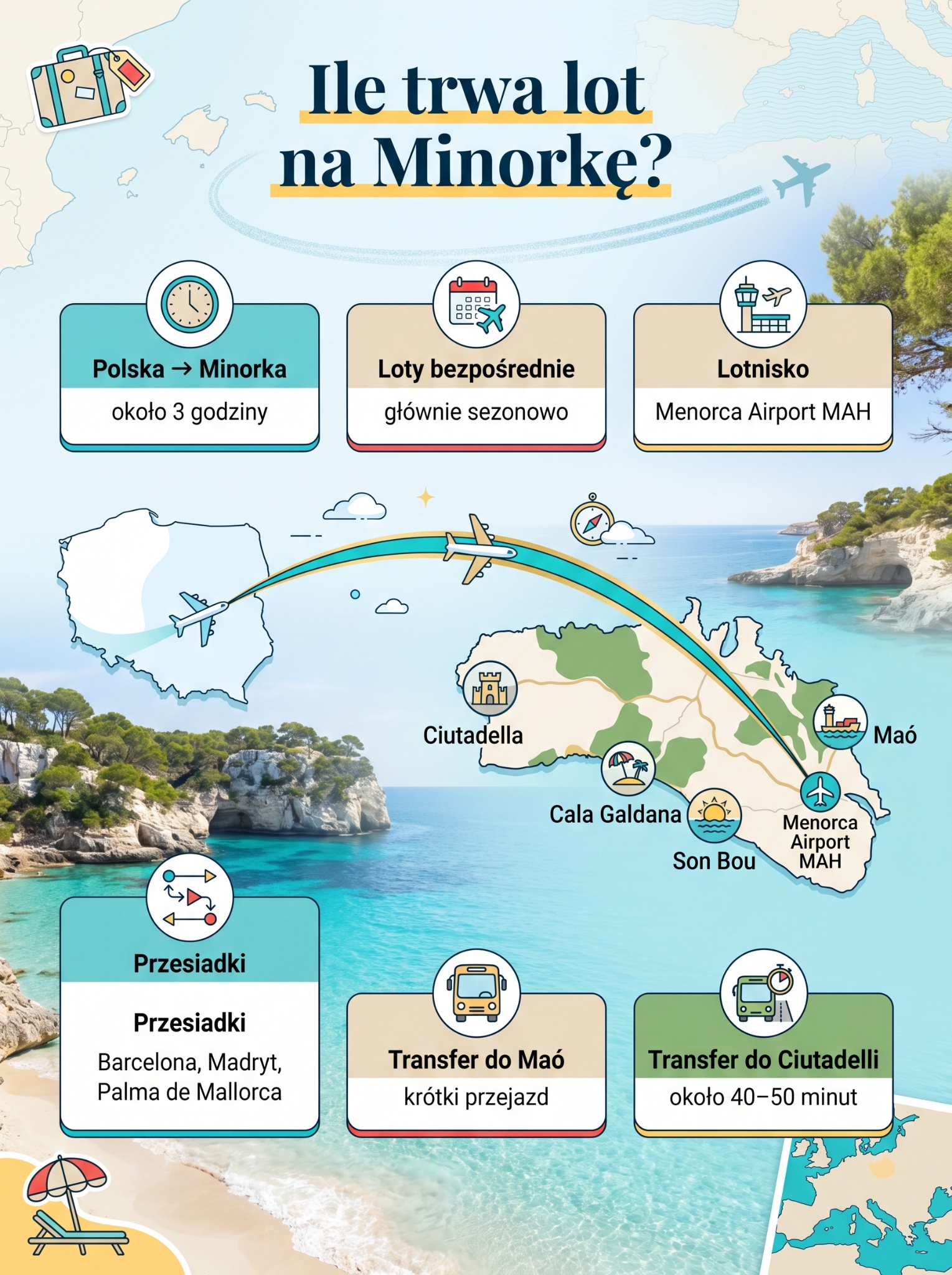 Ile trwa lot na Minorkę - infografika przewodnik dla turystów