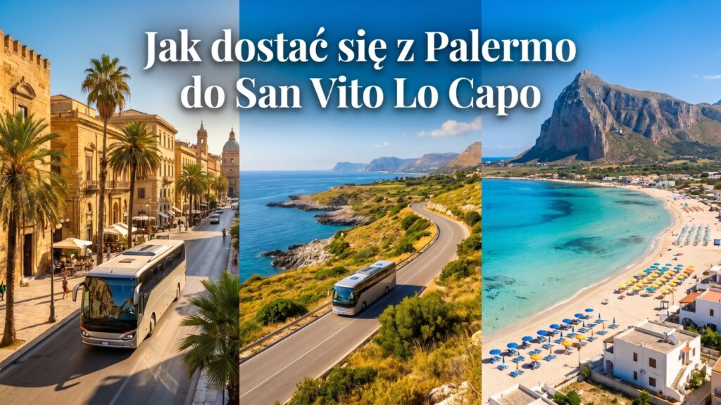 Jak dostać się z Palermo do San Vito Lo Capo – autobus, turkusowa plaża, zabudowa kurortu i Monte Monaco.