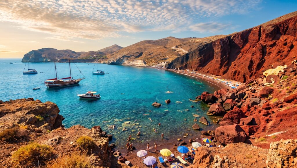 Plaża Kokkini Beach z czerwonymi klifami na Santorini